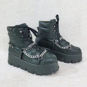 Emo Stomp 2" Platform Stomper Ankle Boots With Chain Design Faux Leather Green